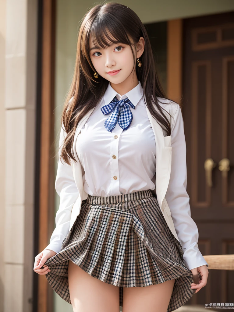 ((smile))、Confused、RAW Photos、(((The ultimate portrait masterpiece)))、((The cutest girl in the world:1.4))、1 girl、、Japanese、Cute face、((Silky Hair))、(A high ponytail tied with a ribbon:1.4)、((Super huge breasts:1.4))、((Eyes that shine like jewels))、Glowing Skin、(young woman;A  consisting of a transparent white shirt, Thin ribbon, blazer, Checkered pleated skirt.:1.5)、Winter clothes、(Uniforms made from high-quality fabrics:1.4)、Ultra-detailed uniforms、(She shyly pulls up her skirt:1.3)、(I can see your beautiful vagina.:1.3)、((Crotch from the front))、A skirt fluttering in the wind、eyeliner、Beautiful Bangs、Hair between the eyes、((solve、High resolution))、Detailed Background、8 KUHD、Digital SLR、Soft Light、high solve、Film Grain、Fujifilm XT3、Shallow depth of field、自然なSoft Light、Narrow waist,(Beautiful girl with sparkling eyes:1.3),(A big bust that seems to burst:1),(Sometimes I squat so I can see my pussy line:0),(Very beautiful pussy line:1.2),(Skirt Lift:1.5)