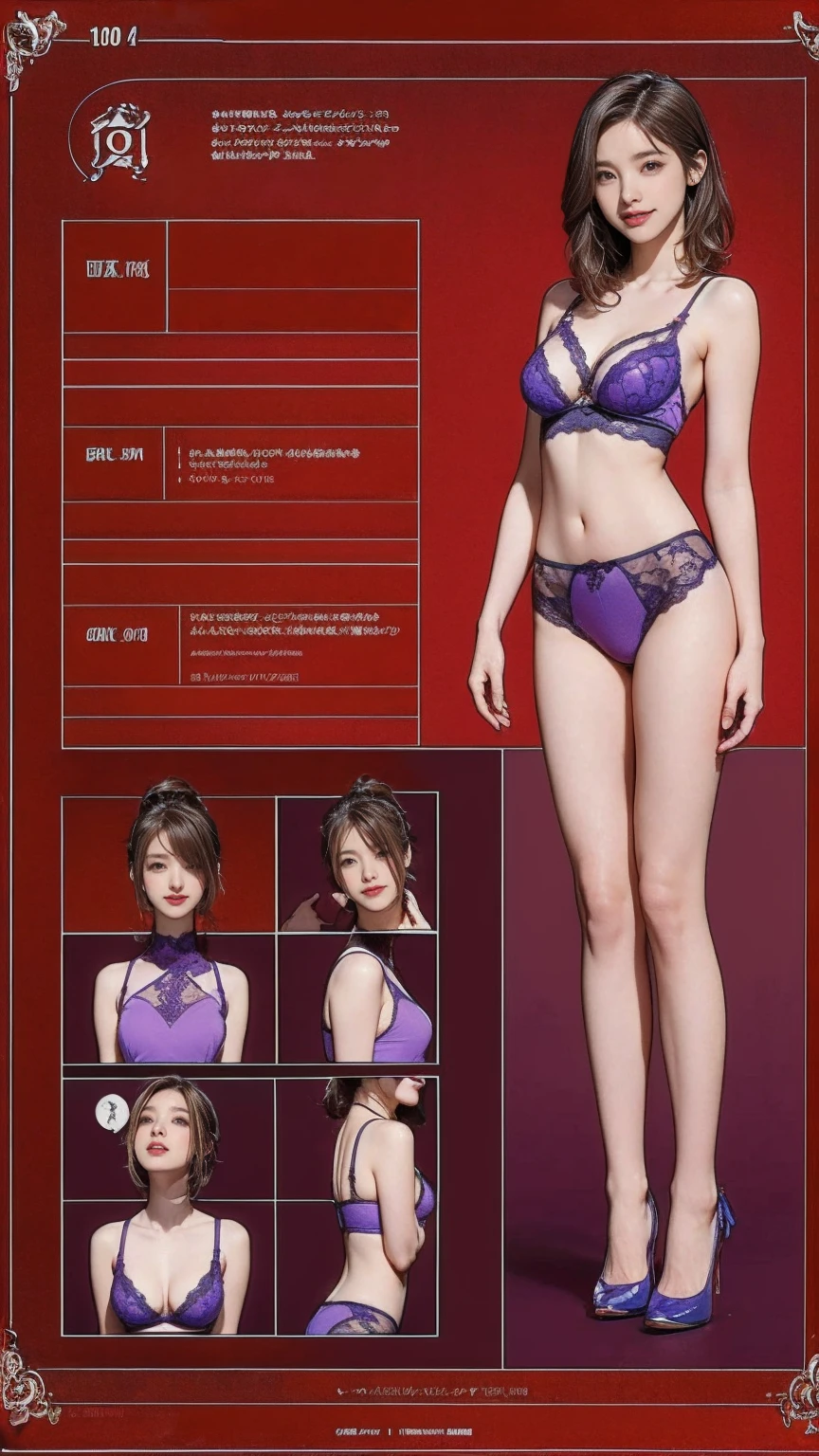 10:24:23 
((masterpiece)),(((Highest quality))),((Reference Sheet, Character Design)), Highest quality,masterpiece,Ultra-high resolution,Original photo,Ultra-high resolution，Three beautiful women，Flashy makeup using red eyeshadow，Big smile，Short cut with side waves，Wearing purple lace bra and panties，