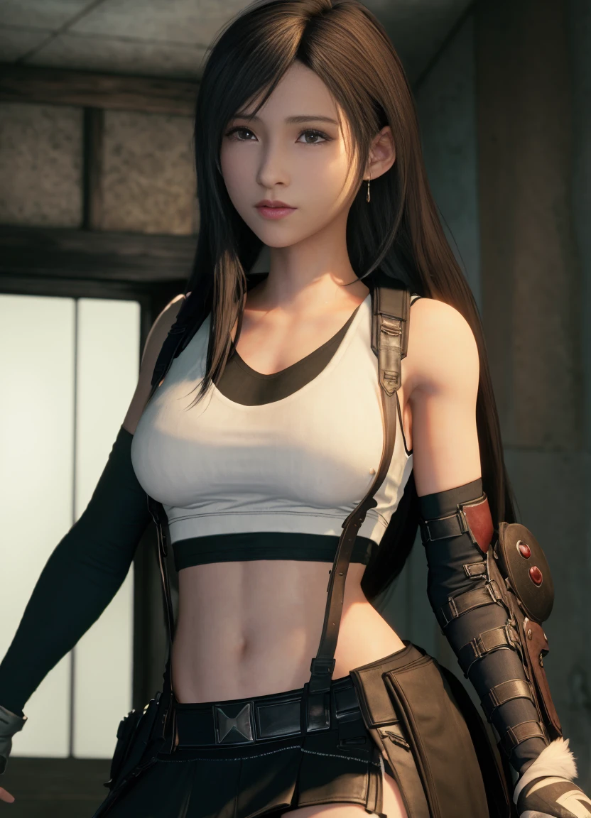 (photorealistic:1.4), best quality,realistic, masterpiece, an extremely delicate and beautiful, CG,extremely detailed ,highres, extremely detailed,
1girl, tifa_lockhart, beautiful detailed girl,full body, realistic, suspender skirt, tank top, taut shirt, black hair, long hair,elbow gloves,
beautiful detailed red eyes, light on face, cinematic lighting,