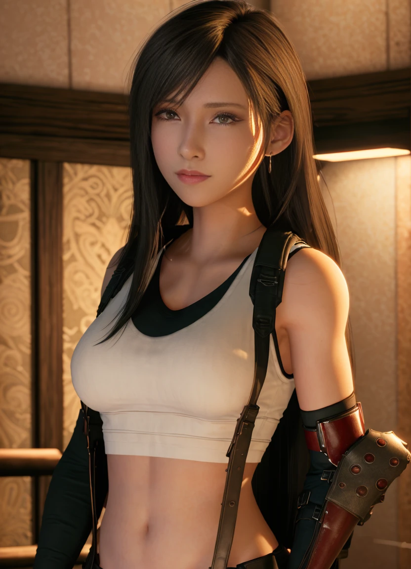 (photorealistic:1.4), best quality,realistic, masterpiece, an extremely delicate and beautiful, CG,extremely detailed ,highres, extremely detailed,
1girl, tifa_lockhart, beautiful detailed girl,full body, realistic, suspender skirt, tank top, taut shirt, black hair, long hair,elbow gloves,
beautiful detailed red eyes, light on face, cinematic lighting,