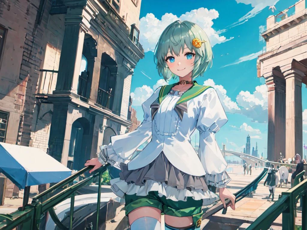 (masterpiece, Highest quality:1.2), alone, One girl, Seiun Sky, smile, View your viewers, Hair Clip, Hair Flowers, Horse's ears, Frills, shirt, Long sleeve, Green shorts, Horse tail, sit、grassland seiunsky, hairclip, hair flower, horse ears, horse tail
frills, shirt, long sleeves, green short pants, white shirt, puffy short sleeves, white thigh highs