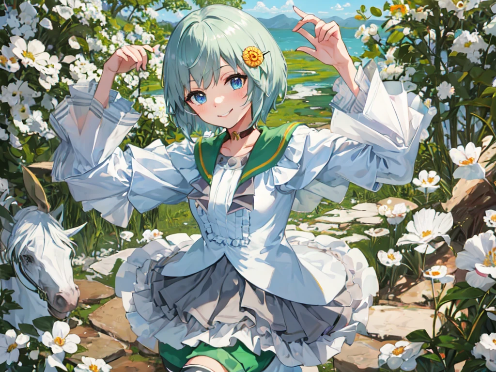 (masterpiece, Highest quality:1.2), alone, One girl, Seiun Sky, smile, View your viewers, Hair Clip, Hair Flowers, Horse's ears, Frills, shirt, Long sleeve, Green shorts, Horse tail, sit、grassland seiunsky, hairclip, hair flower, horse ears, horse tail
frills, shirt, long sleeves, green short pants, white shirt, puffy short sleeves, white thigh highs