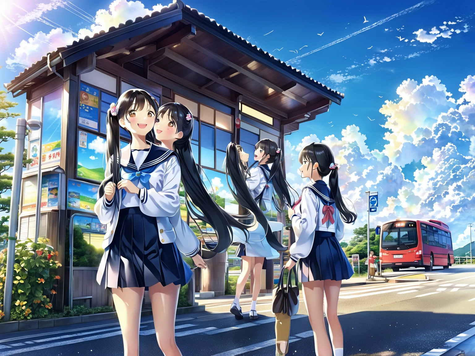Black long hair、Two beautiful girls with twin tails、Sailor suit、Bright smile、Full Body View、Rural landscape、Waiting for a bus at the bus stop、I can see the bus、White clouds in blue sky、Face Highlights