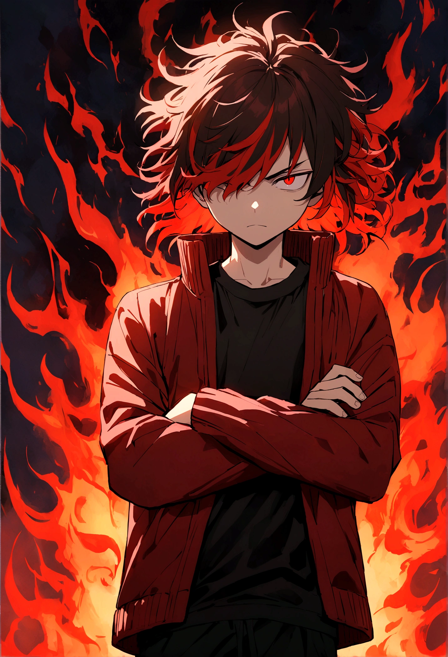 Teenage boy, crossed arms, Messy hair, Medium length hair, hair with bangs covering the left eye, multicolored black and red hair, serious face, dark red eyes, black jersey, dark red loose jacket. Wide black pants, black and red sneakers, aura of flames around the character