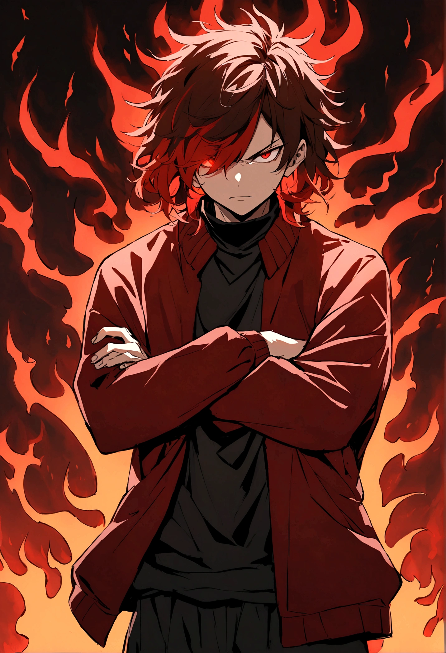 Teenage boy, crossed arms, Messy hair, Medium length hair, hair with bangs covering the left eye, multicolored black and red hair, serious face, dark red eyes, black jersey, dark red loose jacket. Wide black pants, black and red sneakers, aura of flames around the character