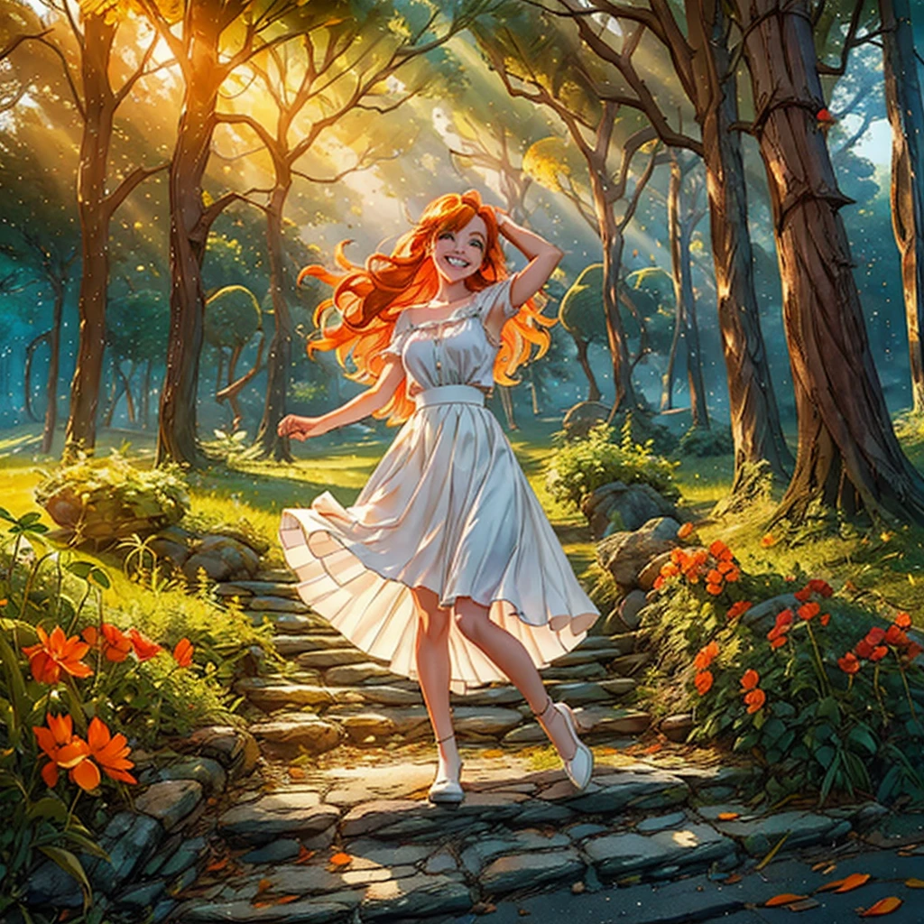 EmmaNeverland, orange flaming hair, brown shoes, white skirt, sparkling green eyes, show full body, dancing in the woods, sunny autumn woods in the background, smiling in joy, looking at viewer, soft sunbeams reflect on her hair, 