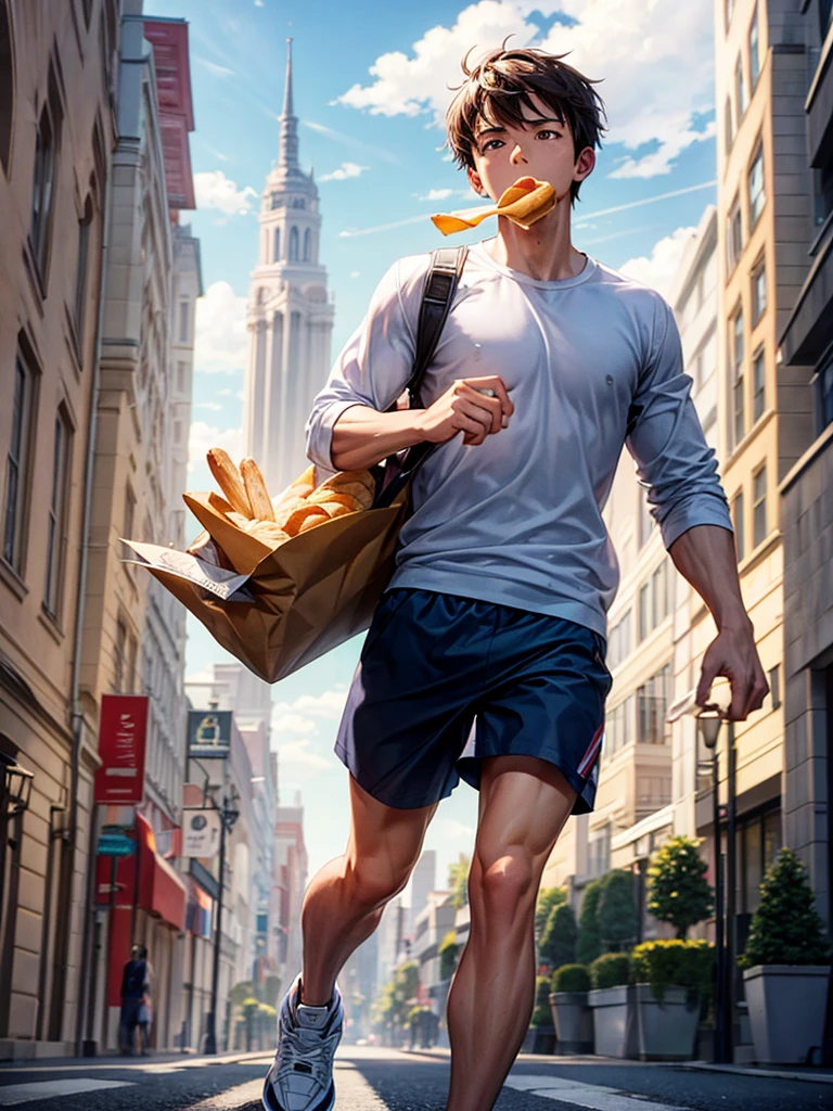 Highest quality,Highest Resolution,A student running through the city with a loaf of bread in his mouth,