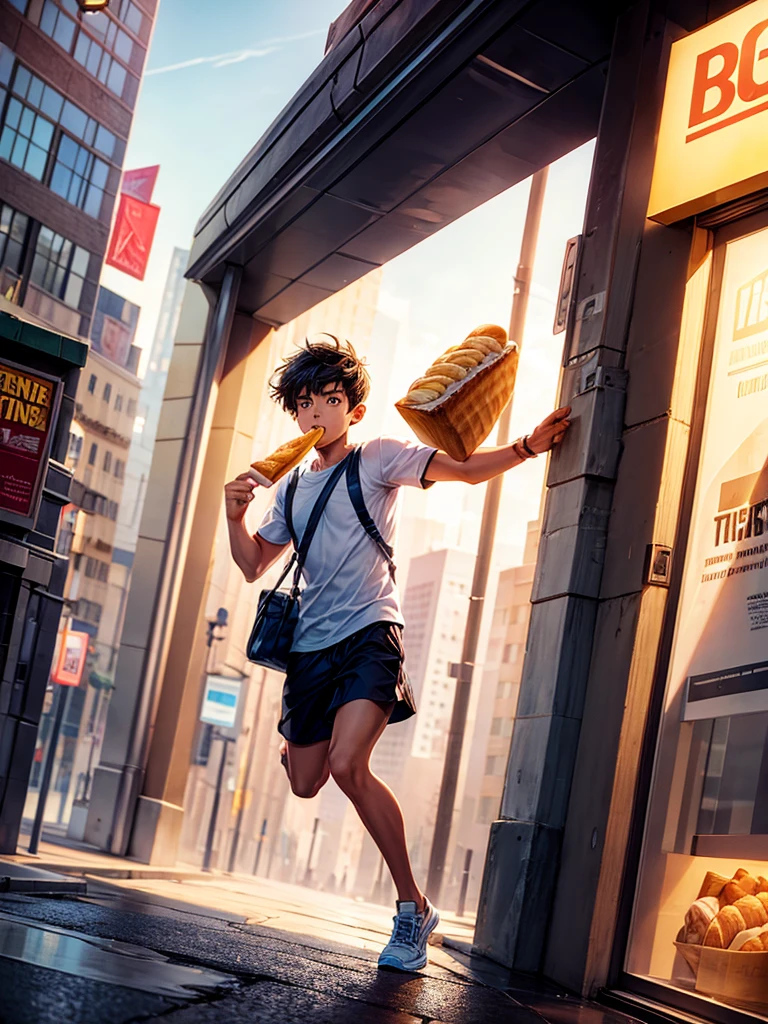 Highest quality,Highest Resolution,A student running through the city with a loaf of bread in his mouth,