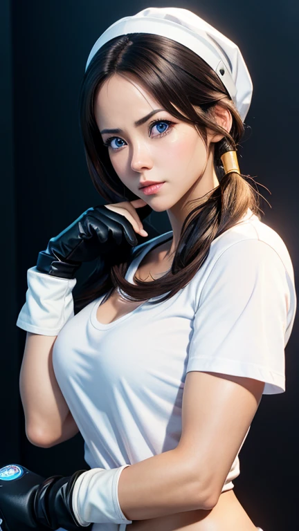 (( 1 single woman)), ((white shirt)), Hay una 1 mujer con white shirt y gloves , chell, chell of the portal, He saw, realistic cosplay, He saw , hyperrealistic anime, Realistic 3D anime, He saw, photorealistic perfect body, muscular sweat, ((gloves)),