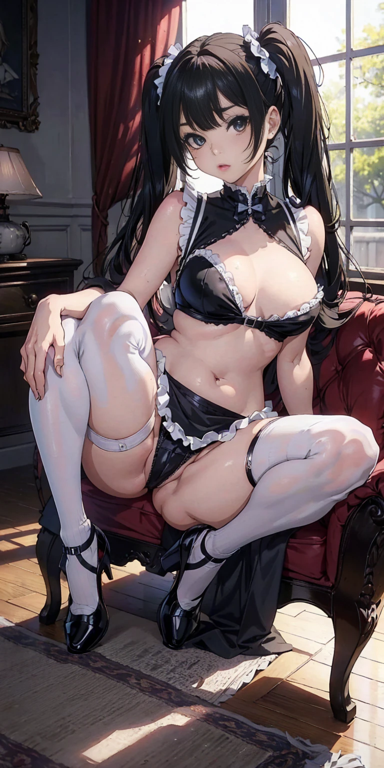 The body is slim、Masterpiece、Highest quality、Highest quality, (long and thin legs, shoes:1.2), Arm behind wrist, squat、Spread your legs、1 girl, Ahegao, Cute eyes, (Detailed face:1.3)、black eye, Open your mouth, The whole face turns red, alone, Big and ample breasts, (Straight bangs, Twin tails), White maid outfit、Side bust、Underbust、belly button、Walking through the mansion&#39;corridor、nsfw