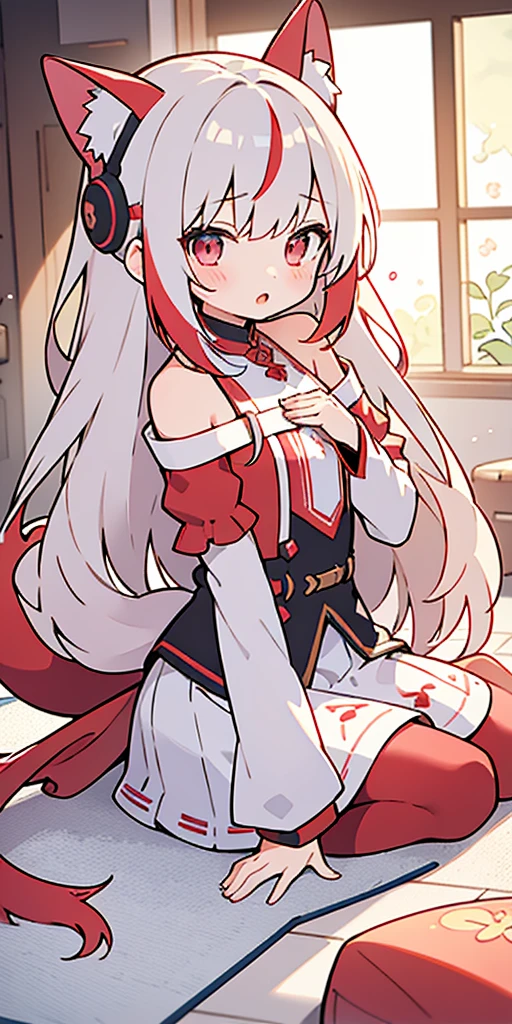 outfit-TMP, 1girl, solo, long hair, tail, blush, looking at viewer, open mouth, bangs,red sleeves,headgear,
closed_mouth from, outfit-TMP, bare shoulders, streaked_hair, masterpiece, best_quality, clear details,1girl, (wariza on_floor),