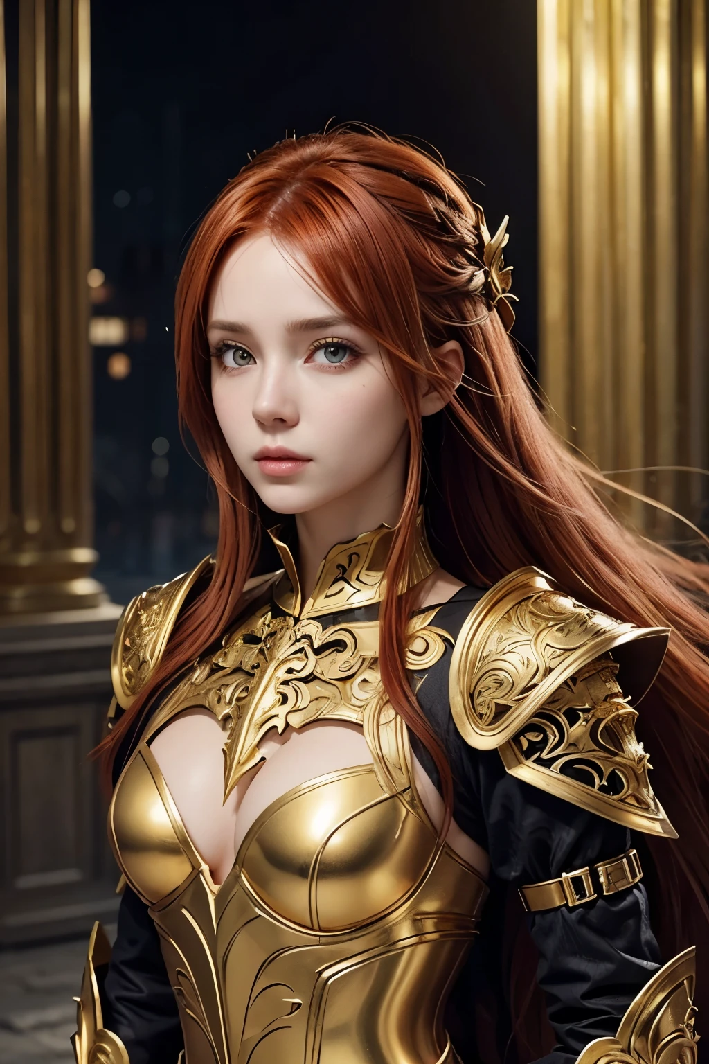 Create an image of a beautiful woman wearing ornate armor made of gold, she has beautiful red hair, and golden vertical pupils, anime styling