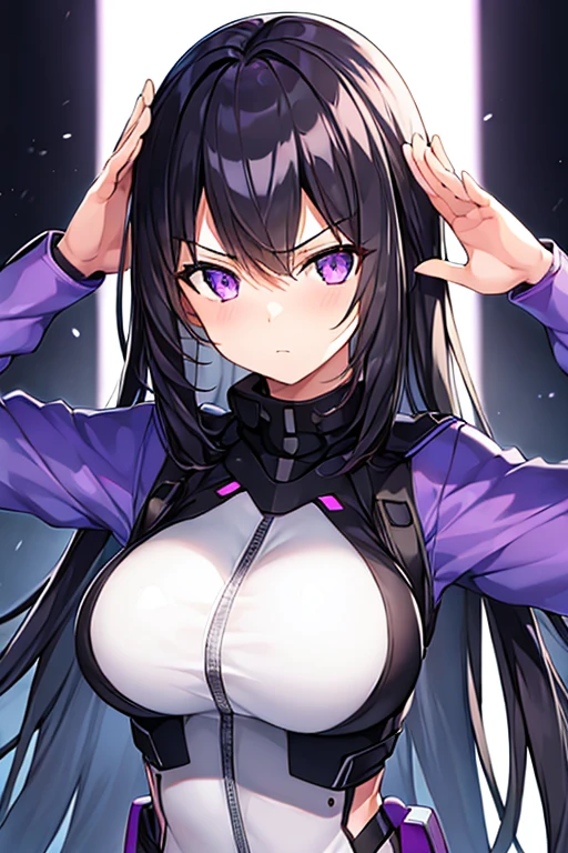 1girl, black hair, long hair, serious, salute, purple eyes, white bodysuit, bodysuit, large breasts, breasts, futuristic, tech, science-fiction, machinery