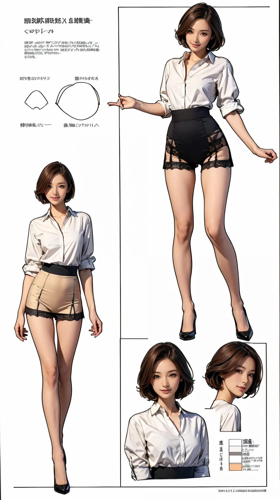 ((masterpiece)),(((Highest quality))),((Character design sheet)),Thin thighs,Long legs,20 year old Japanese woman，Brown thin hair, Short hair with side waves,Medium bust size，A very kind smile, Sexy black lace panties:1.5，Wearing a white shirt:1.5，I&#39;m not wearing a skirt:1.5，