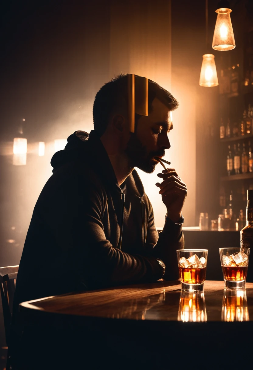 {Low quality, Low quality}, ((silhouette)), ((Close-up:1.3)), (face focus), (profile photo), Handsome man in his 30s, cigar, (Cigarettes in the mouth:1.3), hoodie, (Spotlight:1.2), (double exposure, Whiskey glass with round ice floating in it, (Calm atmosphere counter bar background:1.5)), highest quality, Super detailed, masterpiece,