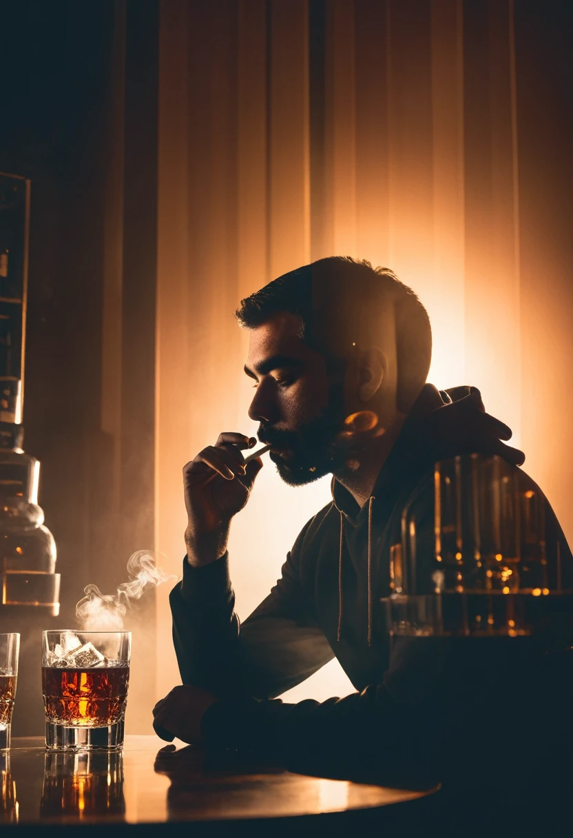 {Low quality, Low quality},  ((silhouette)), ((Close-up:1.3)), (face focus), (profile photo), Handsome man in his 30s, cigar, (Cigarettes in the mouth:1.3), hoodie, (Spotlight:1.2), (double exposure, Whiskey glass with round ice floating in it, (Calm atmosphere counter bar background:1.5)), highest quality, Super detailed, masterpiece,