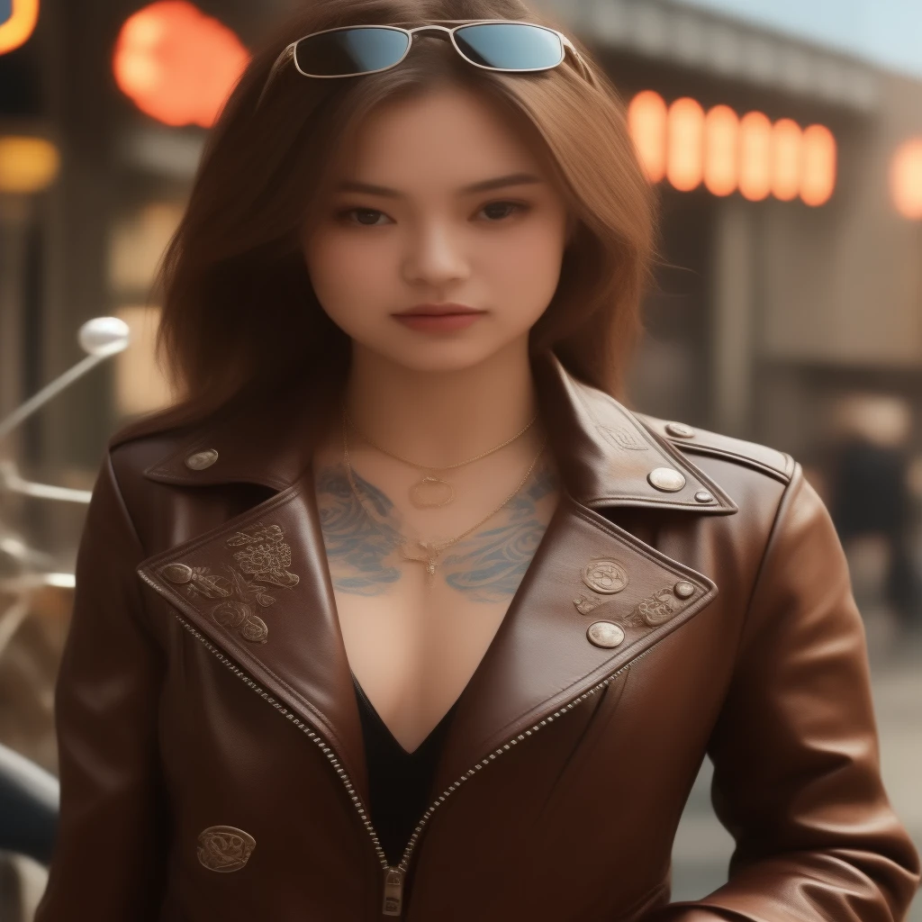 Young Asian woman with tattoo in black leather jacket Captured with a high-quality Canon camera. Realistic light and colors.