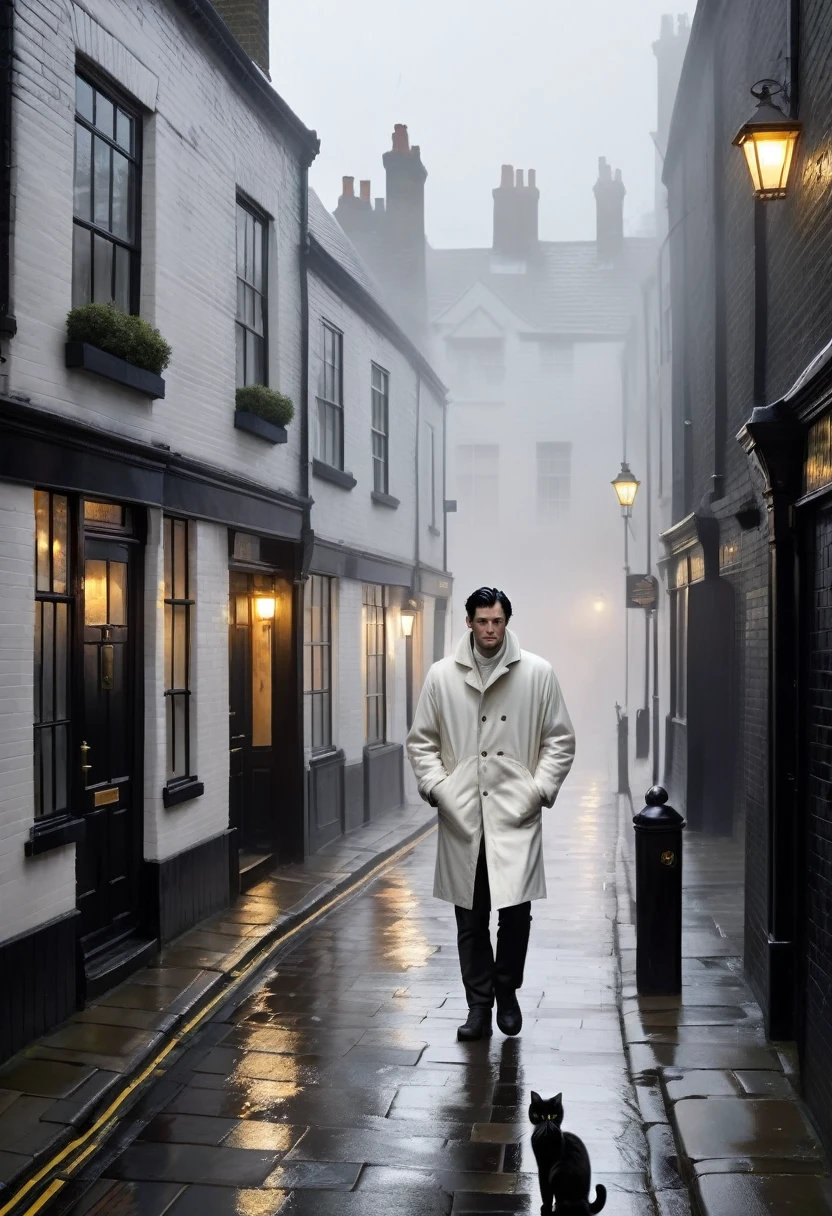 Create an afternoon scene on a dark street inspired by the streets of London. the street tiles are wet and fog hangs in the air. The street is deserted, only one man stands out in the landscape. A man wears white warm clothes and black hair. A walking cat on the wall of one of the houses. A wall with the image of a beautiful woman (the scene needs to have a noir atmosphere)