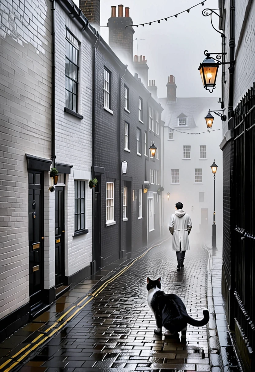 Create an afternoon scene on a dark street inspired by the streets of London. the street tiles are wet and fog hangs in the air. The street is deserted, only one man stands out in the landscape. A man wears white warm clothes and black hair. A walking cat on the wall of one of the houses. A wall with the image of a beautiful woman (the scene needs to have a noir atmosphere)