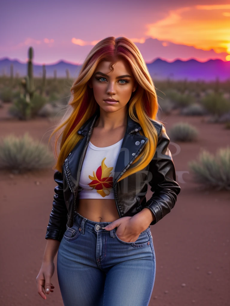 A girl with shimmering red and yellow hair, detailed facial features, striking purple eyes, delicate makeup, wearing an unzipped black leather jacket, a purple shirt, blue jeans, and red and white sneakers with white laces, standing in a city-desert landscape of Tucson, Arizona, against a vibrant orange sunset sky, (best quality,8k,highres,masterpiece:1.2),ultra-detailed,(realistic,photorealistic,photo-realistic:1.37),cinematic lighting,dramatic colors,detailed hands and feet