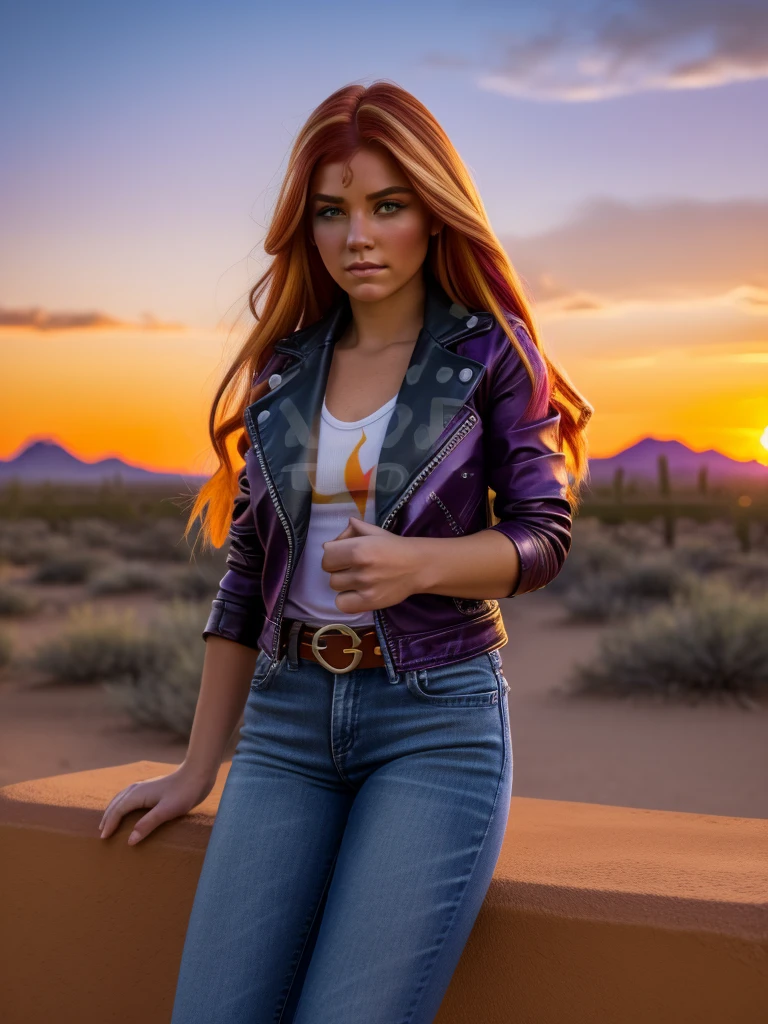 A girl with shimmering red and yellow hair, detailed facial features, striking purple eyes, delicate makeup, wearing an unzipped black leather jacket, a purple shirt, blue jeans, and red and white sneakers with white laces, standing in a city-desert landscape of Tucson, Arizona, against a vibrant orange sunset sky, (best quality,8k,highres,masterpiece:1.2),ultra-detailed,(realistic,photorealistic,photo-realistic:1.37),cinematic lighting,dramatic colors,detailed hands and feet