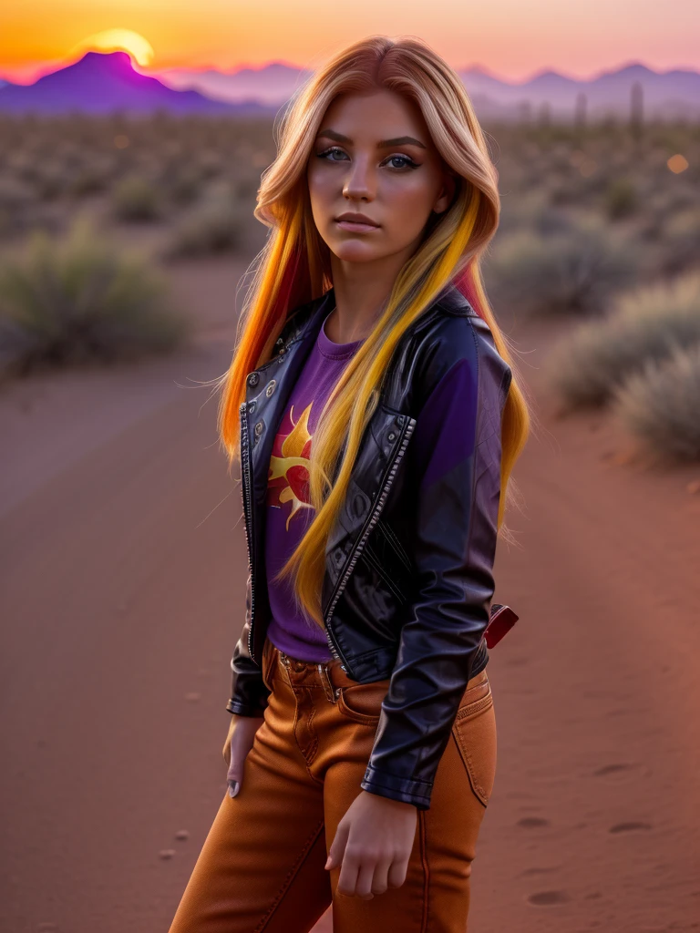 A girl with shimmering red and yellow hair, detailed facial features, striking purple eyes, delicate makeup, wearing an unzipped black leather jacket, a purple shirt, blue jeans, and red and white sneakers with white laces, standing in a city-desert landscape of Tucson, Arizona, against a vibrant orange sunset sky, (best quality,8k,highres,masterpiece:1.2),ultra-detailed,(realistic,photorealistic,photo-realistic:1.37),cinematic lighting,dramatic colors,detailed hands and feet