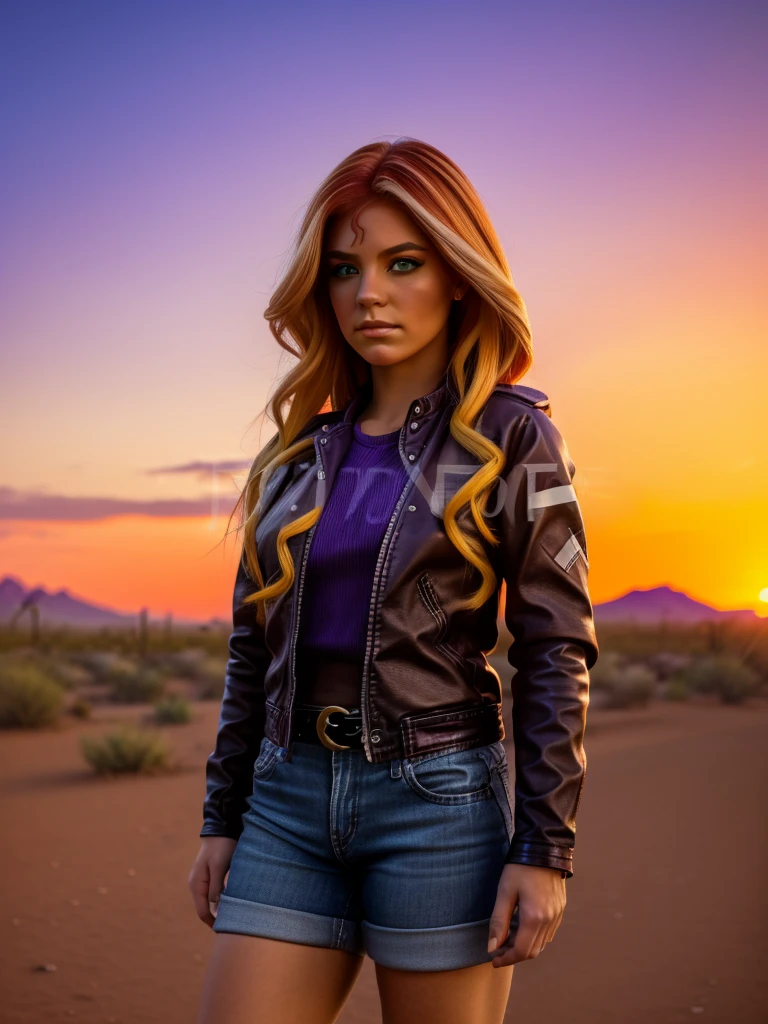 A girl with shimmering red and yellow hair, detailed facial features, striking purple eyes, delicate makeup, wearing an unzipped black leather jacket, a purple shirt, blue jeans, and red and white sneakers with white laces, standing in a city-desert landscape of Tucson, Arizona, against a vibrant orange sunset sky, (best quality,8k,highres,masterpiece:1.2),ultra-detailed,(realistic,photorealistic,photo-realistic:1.37),cinematic lighting,dramatic colors,detailed hands and feet