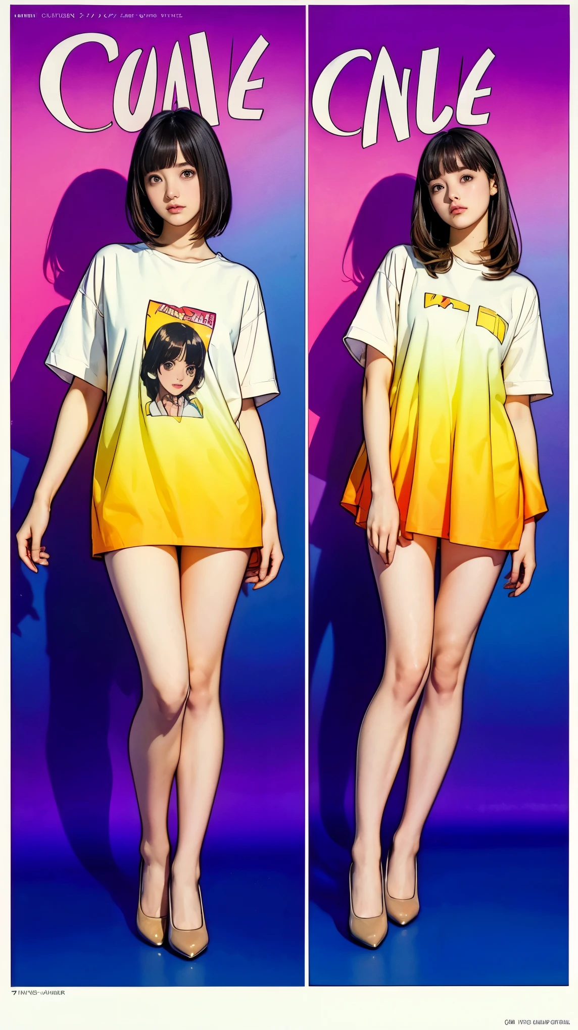 ((masterpiece)),(((Highest quality))),((Character design sheet)),Thin thighs,Long legs,Beautiful 17 year old girl, Big round eyes, (Droopy eyes:1.2), An illustration, art, 70s horror movie posters, Supervised by Junji Ito、High detail, Realistic Shadows、Analog Style, chromatic aberration, Surrealism、Complementary Gradient