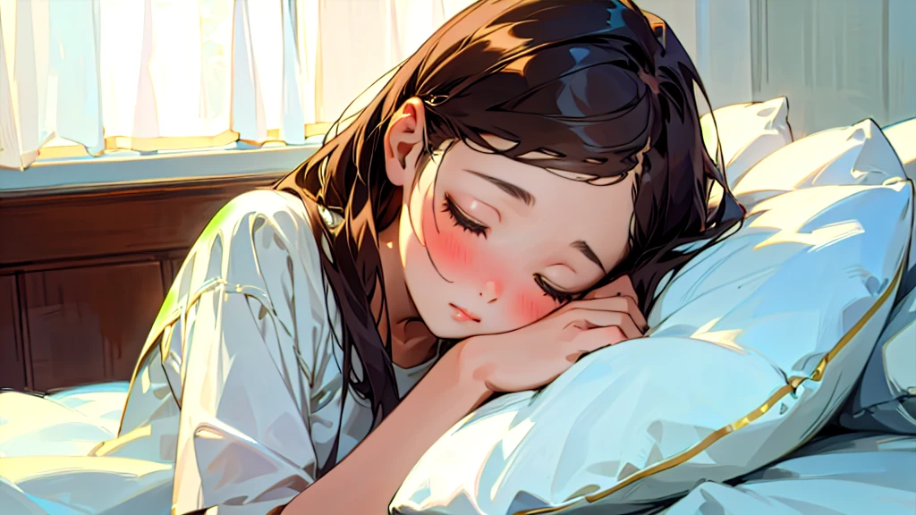 (Highest quality, masterpiece, Ultra-realistic), Beautiful and delicate15Year-old girl portrait, With a calm and gentle expression, The background is the bedroom at home.。While listening to music with headphones、Sleeping。