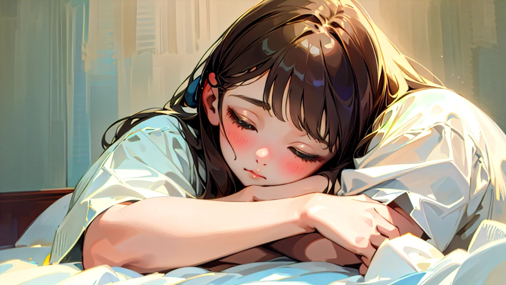 (Highest quality, masterpiece, Ultra-realistic), Beautiful and delicate15Year-old girl portrait, With a calm and gentle expression, The background is the bedroom at home.。While listening to music with headphones、Sleeping。
