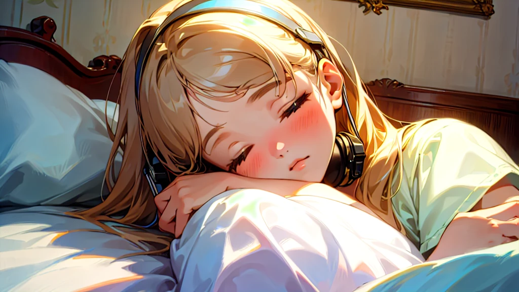 (Highest quality, masterpiece, Ultra-realistic), Beautiful and delicate１５Year-old girl portrait, With a calm and gentle expression, The background is the bedroom at home.。While listening to music with headphones、Sleeping。