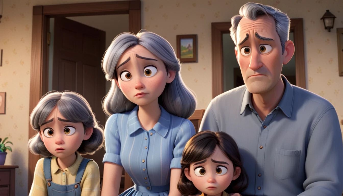 A middle-aged man with gray hair, his wife with a warm yet sad expression, and their two children, a teenage boy and girl, in a modest home. Everyone appears a bit sad and distant, in Disney Pixar style.