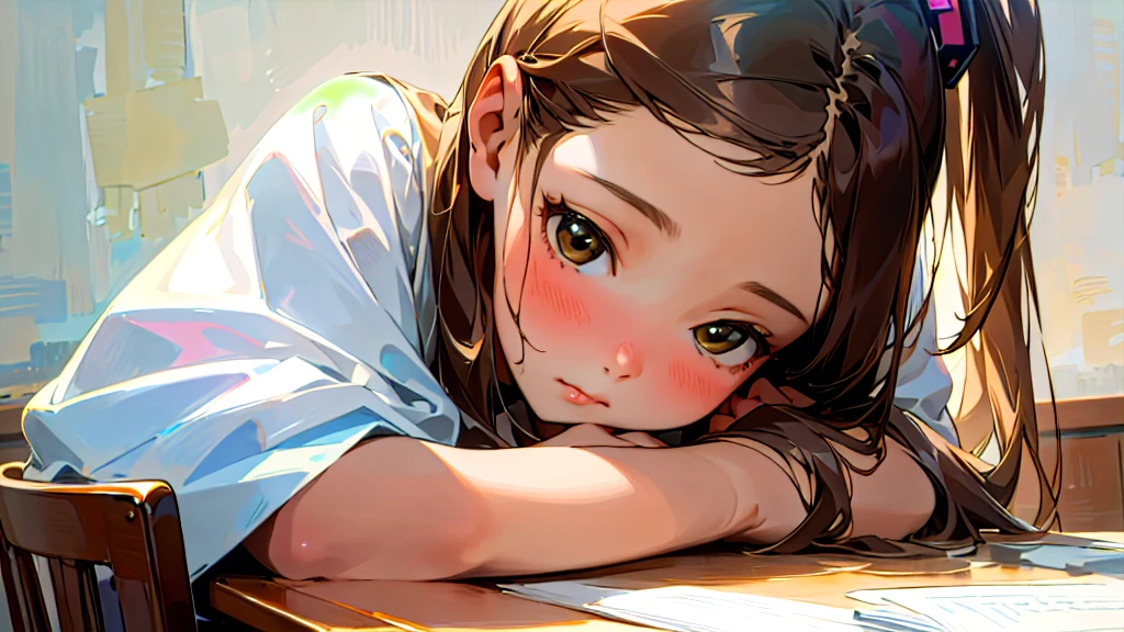 (Highest quality, masterpiece, Ultra-realistic), Beautiful and delicate15Year-old girl portrait, With a calm and gentle expression, The background is the bedroom in my own home.、I am studying hard at my desk.、Holding a pen、camisole、Bust is C cup