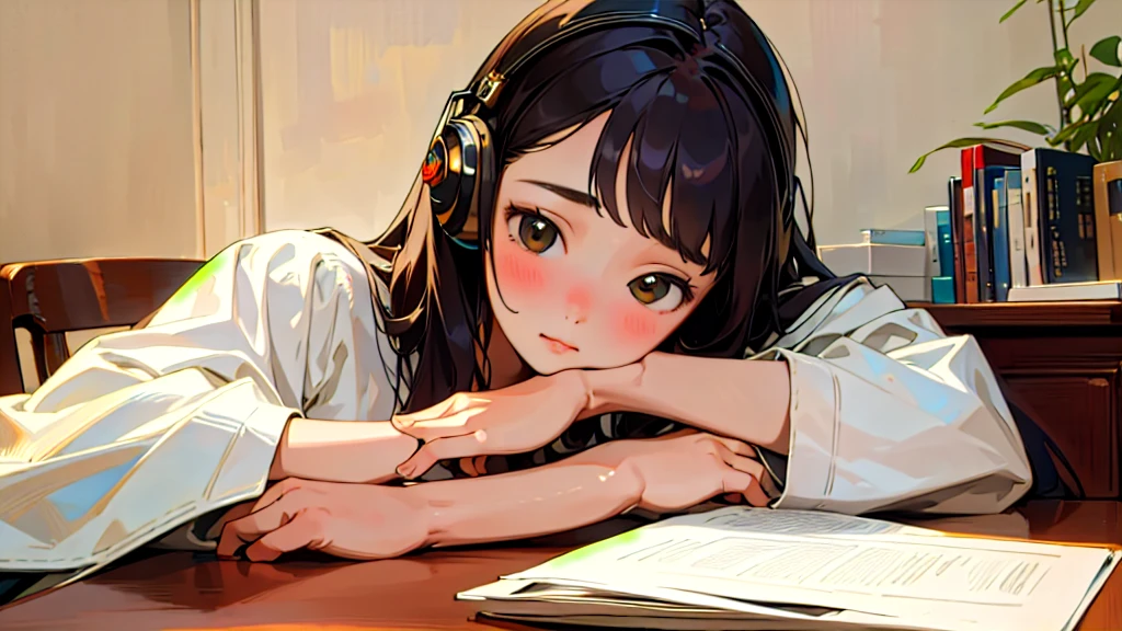 (Highest quality, masterpiece, Ultra-realistic), Beautiful and delicate１５Year-old girl portrait, With a calm and gentle expression, The background scene shows me studying at my desk in my room at home.。While listening to music with headphones、studying。