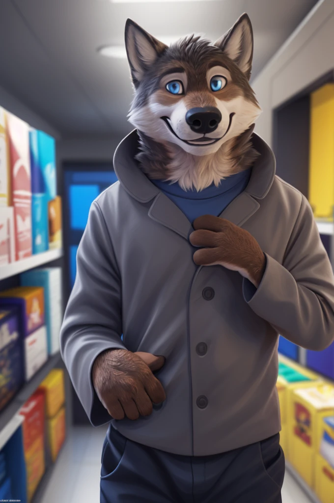 Larry (Zveropolis), wolf, Gray Fur, (brown body:1.3), beautiful blue eyes, Zveropolis, dressed,shirt,trousers,women's sandals, canine,wolf, detailed fur, male, second, paw pads, finger claws, viewer, 5 fingers, paws, 4 toes,holds, times, close to the camera,
BREAK from nextel, for dating, by xenoforge, (difficult, high detail,digital photography, soft focus, RAW, close to the camera, smile, positive, Good, mood, Houses, смотрит на viewer, очень close to the camera, in the shop, buys layouts,
Photorealism, realistic, photorealistic,digital style, Subsurface scattering,очень close to the camera кольцо на пальце руки,
masterpiece, Best quality, ultra realistic, 8 thousand.)