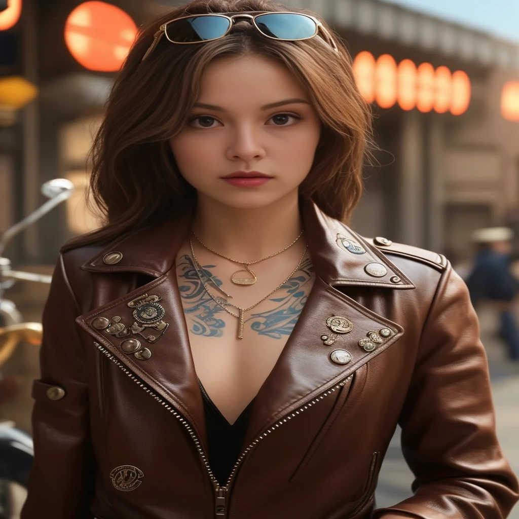 Young Asian woman with tattoo in black leather jacket Captured with a high-quality Canon camera. Realistic light and colors.