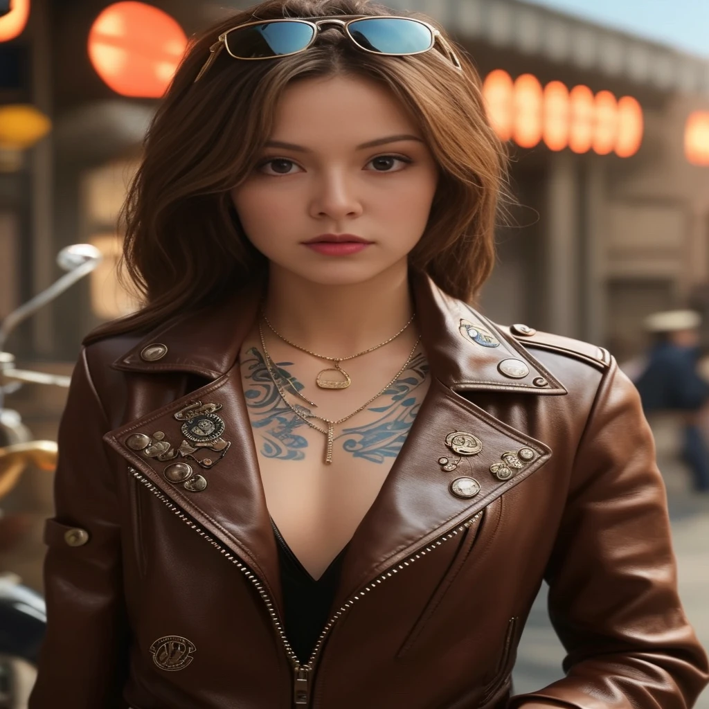 Young Asian woman with tattoo in black leather jacket Captured with a high-quality Canon camera. Realistic light and colors.