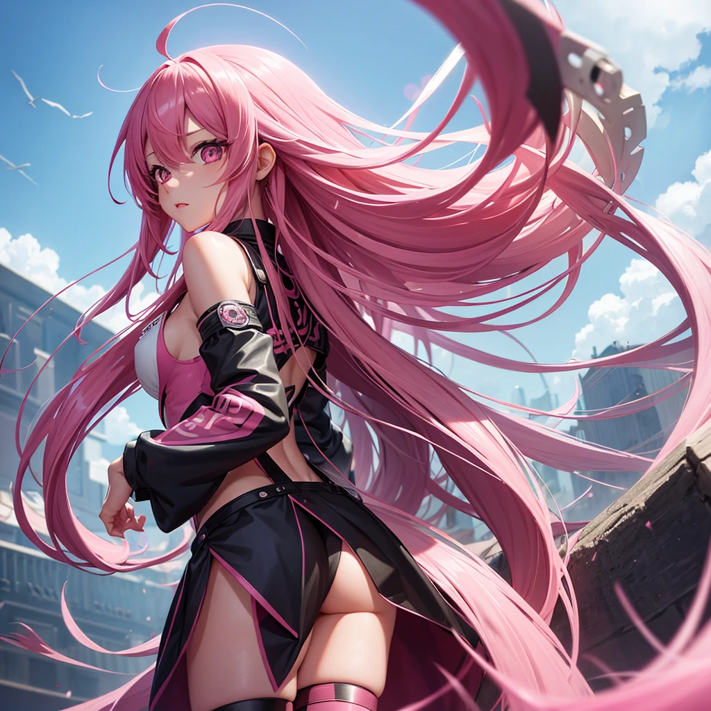Girl, pink long hair, black skin, eyes pink, boku no hero, big peitos