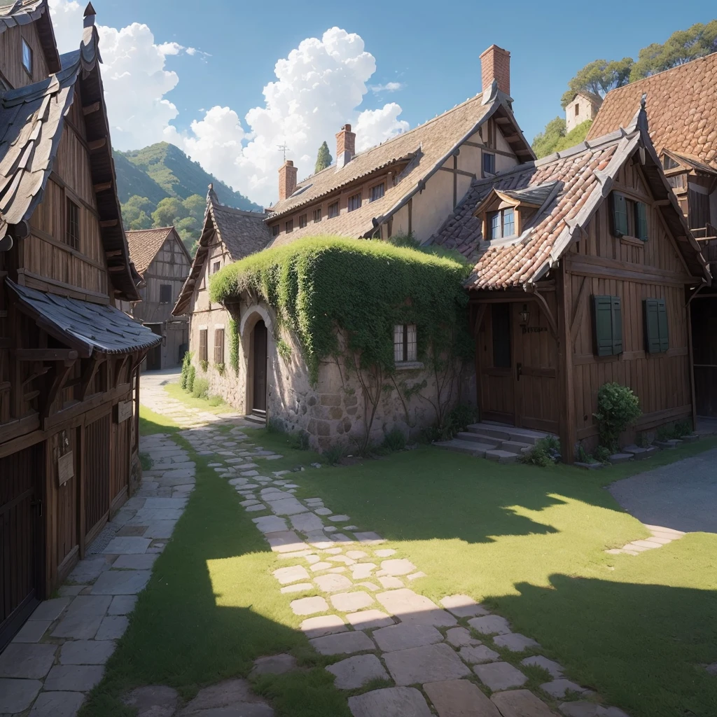 (((in isekai)))、medieval times、towns、Italy、Spain、dead wood、Cloudless blue sky、Straight road、View from the ground、small houses々、Cobblestones with no gaps、Precise roof tiles、No Haze、Pan Focus、(((unmanned)))、Anime Background、Ghibli、hiquality、quality、No humans、Silence、Do not allow grass to grow on the building