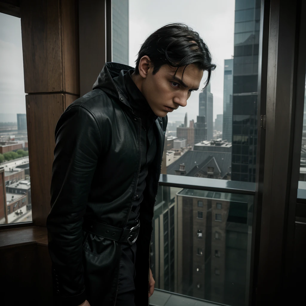 Generate art , work of art, best photo, pop culture style genre DC comics,
break,
A 20 year old young man, medium straight black hair, dark green eyes, DC vigilante dress, looking gloomy while looking down from a tower at a gothic-style city, Dark clothes,
break,
best angle, best view