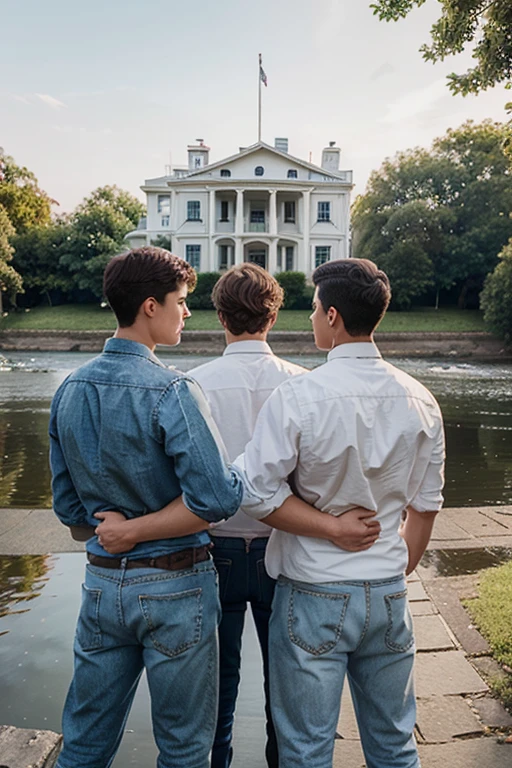 Realistic illustration of three young men from behind, with victorian white house background by the river.