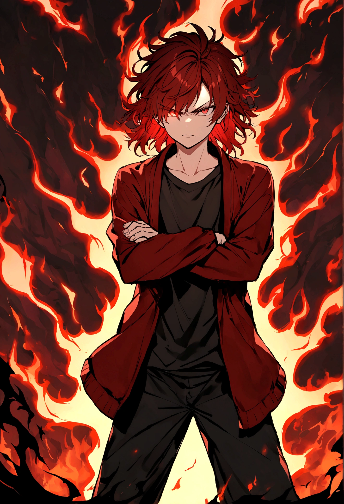 Teenage boy, crossed arms, Messy hair, Medium length hair, hair with bangs covering the left eye, multicolored black and red hair, serious face, dark red eyes, black jersey, dark red loose jacket. Wide black pants, black and red sneakers, aura of flames around the character