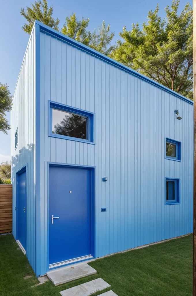 Rectangular house 12 meters long and 15 meters wide with blue door and two windows 
