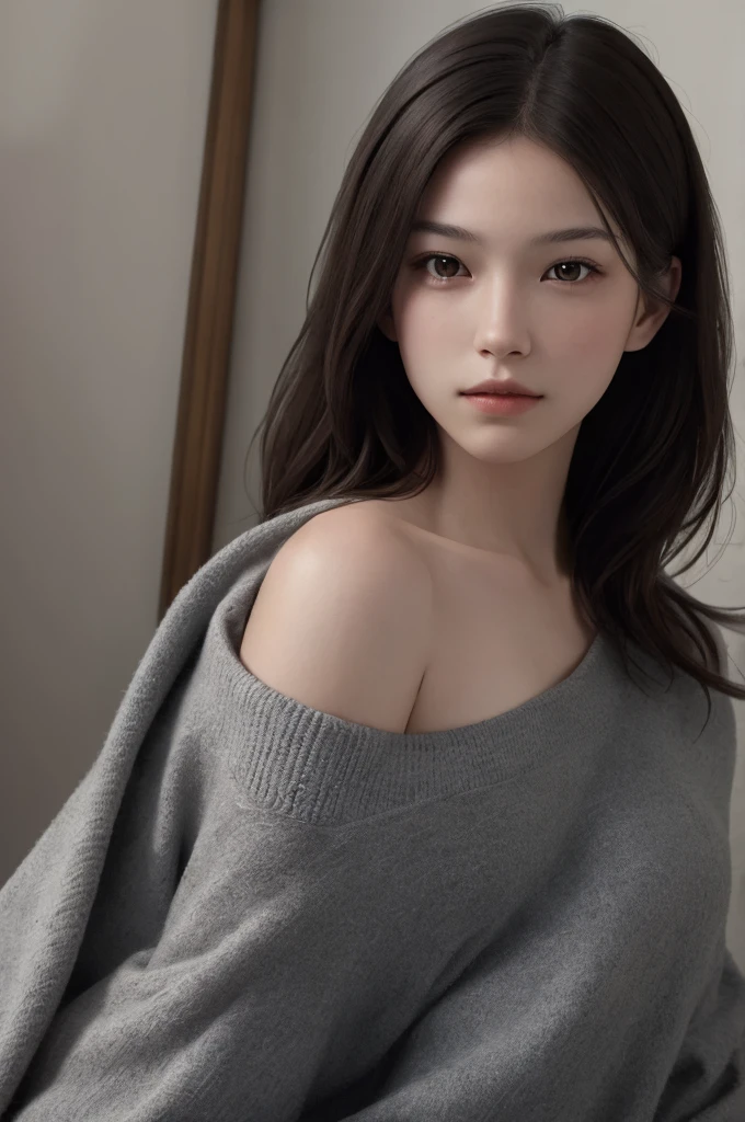 ((highest quality, 8k, masterpiece: 1.3)), sharp: 1.2, Perfect body beauty: 1.4, Slim Abs: 1.2, ((nude、Big Breasts: 1.2)), (((Ribbed sweater:1.3, Off-the-shoulder sweater))), Short shorts:1.2, Exposing shoulders, (((Underbust: 1.1))), Face close-up: 1.0, Highly detailed face and skin texture, Fine Eyes, double eyelid, (((Looking down at the camera)))