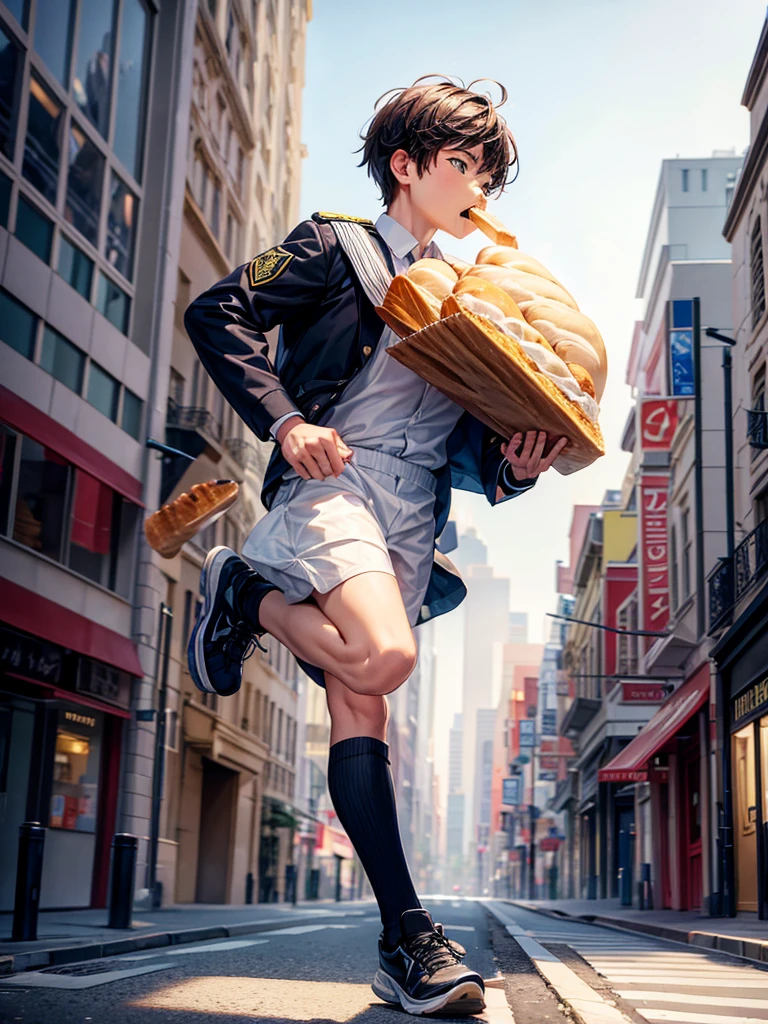 Highest quality,Highest Resolution,A student in uniform running through the city with a loaf of bread in his mouth,