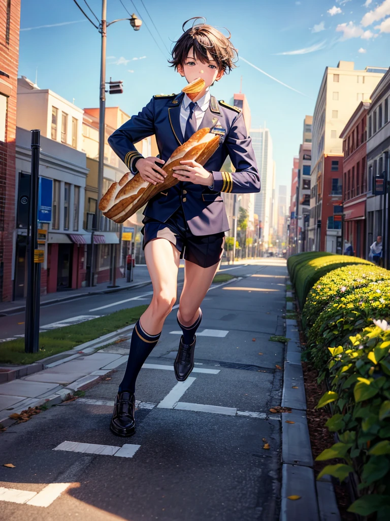 Highest quality,Highest Resolution,A student in uniform running through the city with a loaf of bread in his mouth,