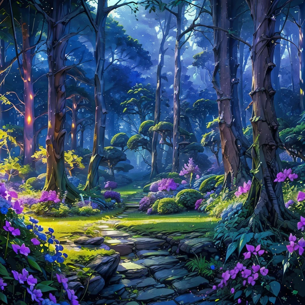 Masterpiece, best quality, 8K, high res, ultra-detailed,  amongst lush blue-purple greenery, no humans, beautiful view, ultra-detailed, fine detailed, highly detailed, intricate, highly detailed, ultra-detailed, scenery, no humans, misty atmosphere, solitary, intricate details, delicate features, verdant purple-blue trees, soft blue-purple moss, deep forest, intricate blue-purple leaves and vines, wisps of light, verdant blue-violet, surreal wild nature oil painting, nighttime, 