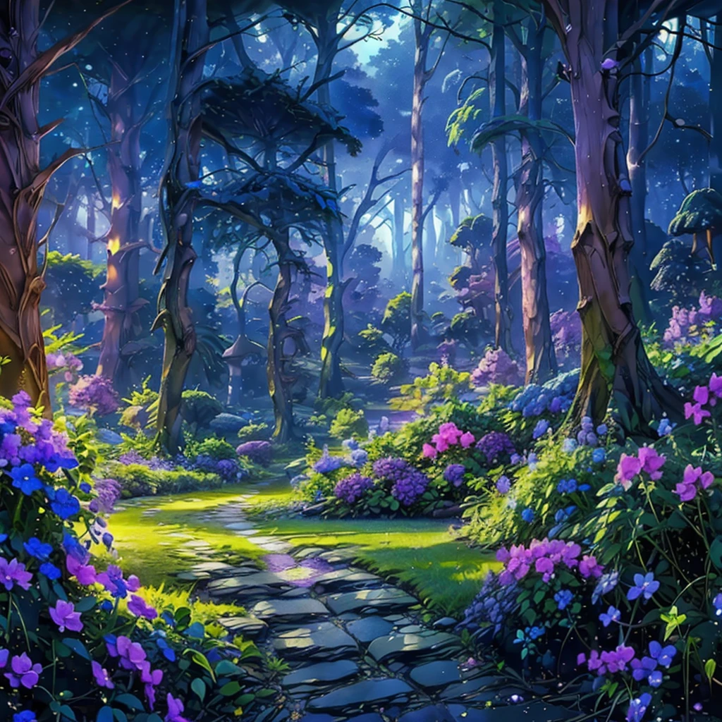 Masterpiece, best quality, 8K, high res, ultra-detailed, amongst lush blue-purple greenery, no humans, beautiful view, ultra-detailed, fine detailed, highly detailed, intricate, highly detailed, ultra-detailed, scenery, no humans, misty atmosphere, solitary, intricate details, delicate features, verdant purple-blue trees, soft blue-purple moss, deep forest, intricate blue-purple leaves and vines, wisps of light, verdant blue-violet, surreal wild nature oil painting, nighttime,