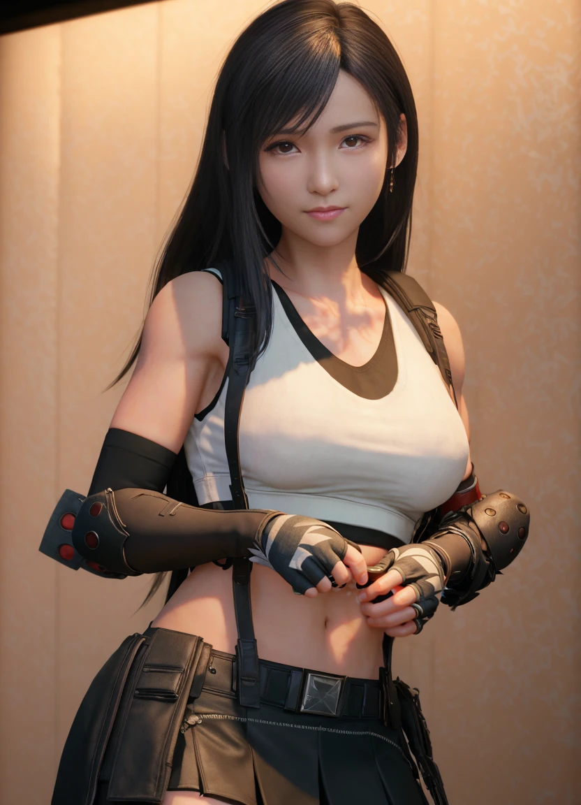 (photorealistic:1.4), best quality,realistic, masterpiece, an extremely delicate and beautiful, CG,extremely detailed ,highres, extremely detailed,
1girl, tifa_lockhart, beautiful detailed girl,full body, realistic, suspender skirt, tank top, taut shirt, black hair, long hair,elbow gloves,
beautiful detailed red eyes, light on face, cinematic lighting,smile,dinamic pose