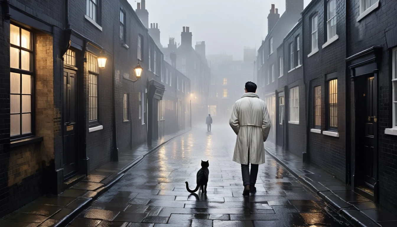 Create an afternoon scene on a dark street inspired by the streets of London. the street tiles are wet and fog hangs in the air. The street is deserted, only one man stands out in the landscape. A man wears white warm clothes and black hair. A walking cat on the wall of one of the houses. A wall with the image of a beautiful woman (the scene needs to have a noir atmosphere)